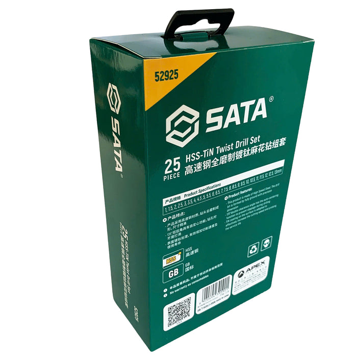 Bộ 25 mũi khoan HHS mạ Titan thân xoắn đuôi trơn SATA 52925 (từ 1mm - 13mm)