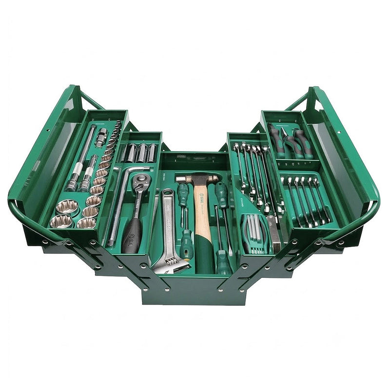 Bộ dụng cụ sửa chữa tổng hợp 75 chi tiết SATA 95104A-75 cốt 3/8 inch bằng thép Cr-V kèm thùng đựng kim loại 5 ngăn xếp gọn gàng