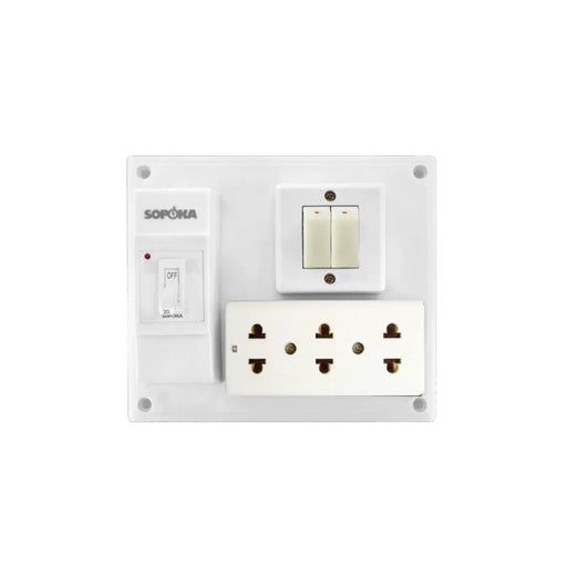 Bảng điện nổi SOPOKA E10 2023 có CB cóc 30A, 2 công tắc, 3 ổ cắm, vỏ ABS chống cháy, an toàn điện.