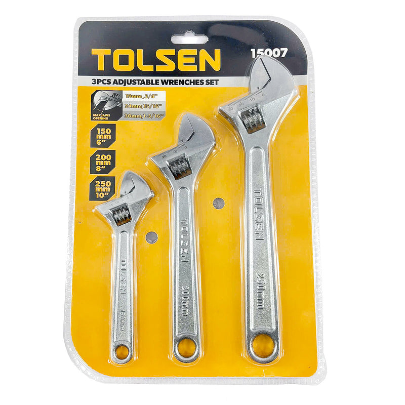 Bộ 3 mỏ lết cán trơn, mạ Cr, 6 - 8 - 10 inch TOLSEN 15007