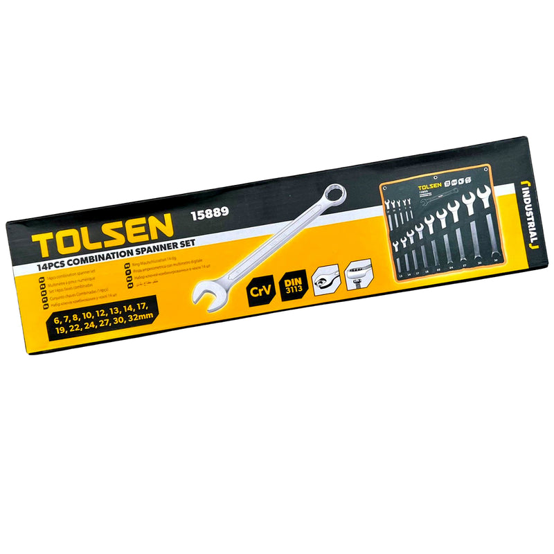 Bộ 14 khóa vòng - miệng TOLSEN 15889 kích thước từ 6mm - 32mm , chuẩn DIN 3113, mạ Cr phủ Satin