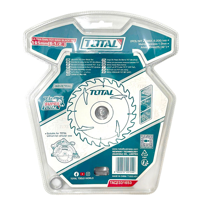 Bộ 2 lưỡi cưa gỗ TCT TOTAL TAC2331653 đường kính lưỡi 165mm, 24 răng, lỗ cốt 20mm