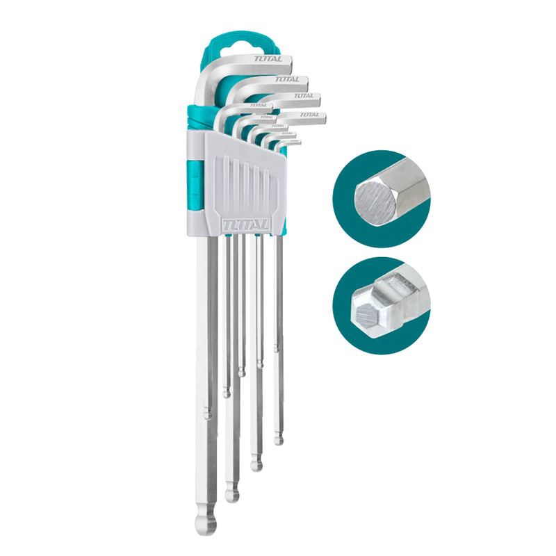 Bộ 9 chìa lục giác bi ngắn TOTAL THT106291, đường kính từ 1.5mm đến 10mm, chất liệu thép CrV