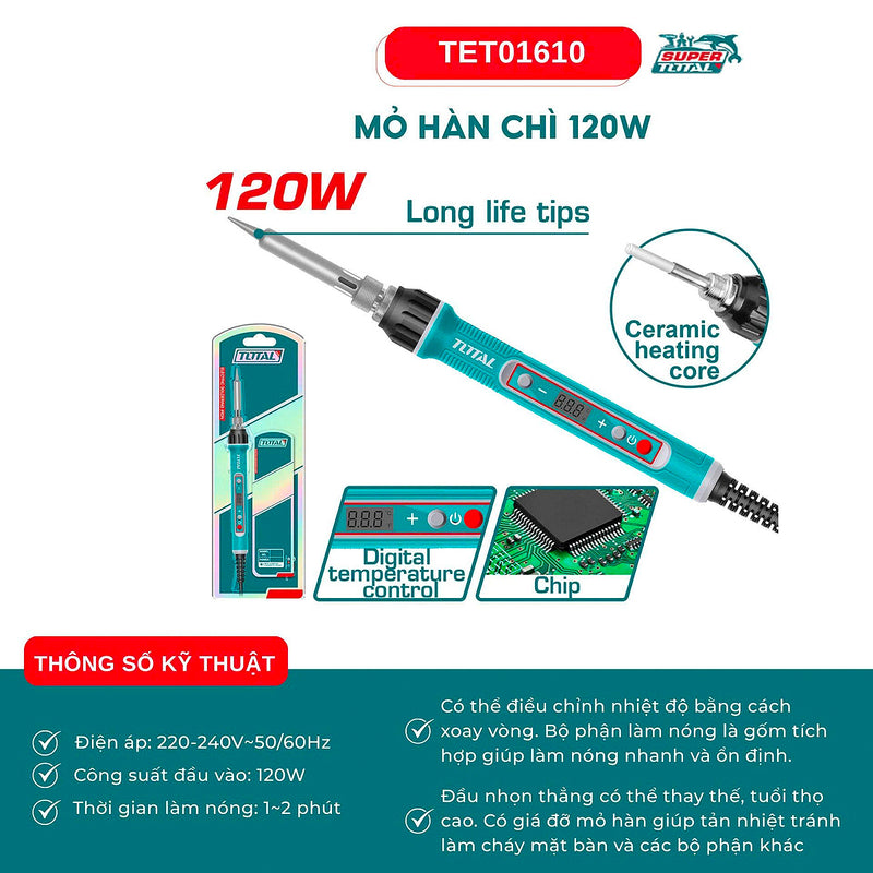 Mỏ hàn chì màn hình điện tử công suất 120W Total TET01610, có thể điều chỉnh nhiệt độ