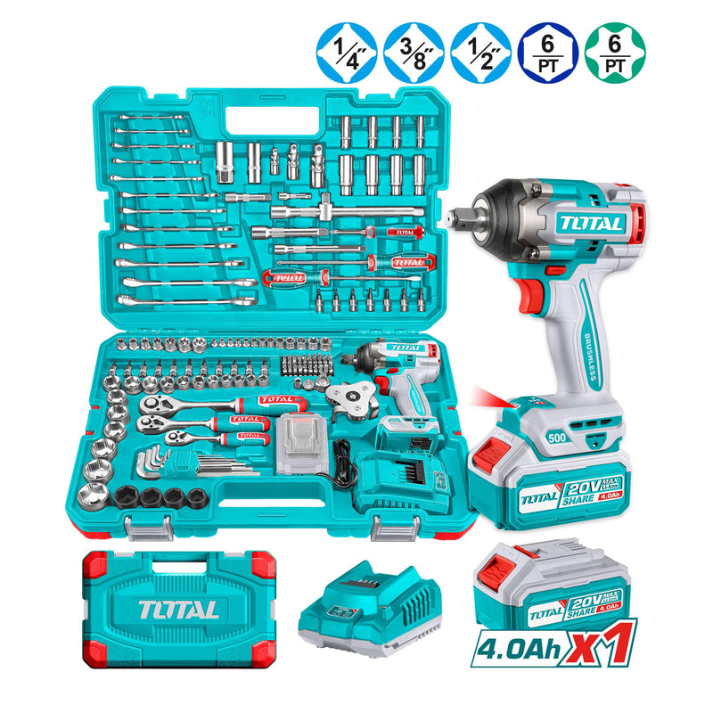 Máy siết bu lông cốt 1/2 inch dùng Pin 20V không chổi than Total THKTHP31522 kèm bộ đồ nghề 152 món