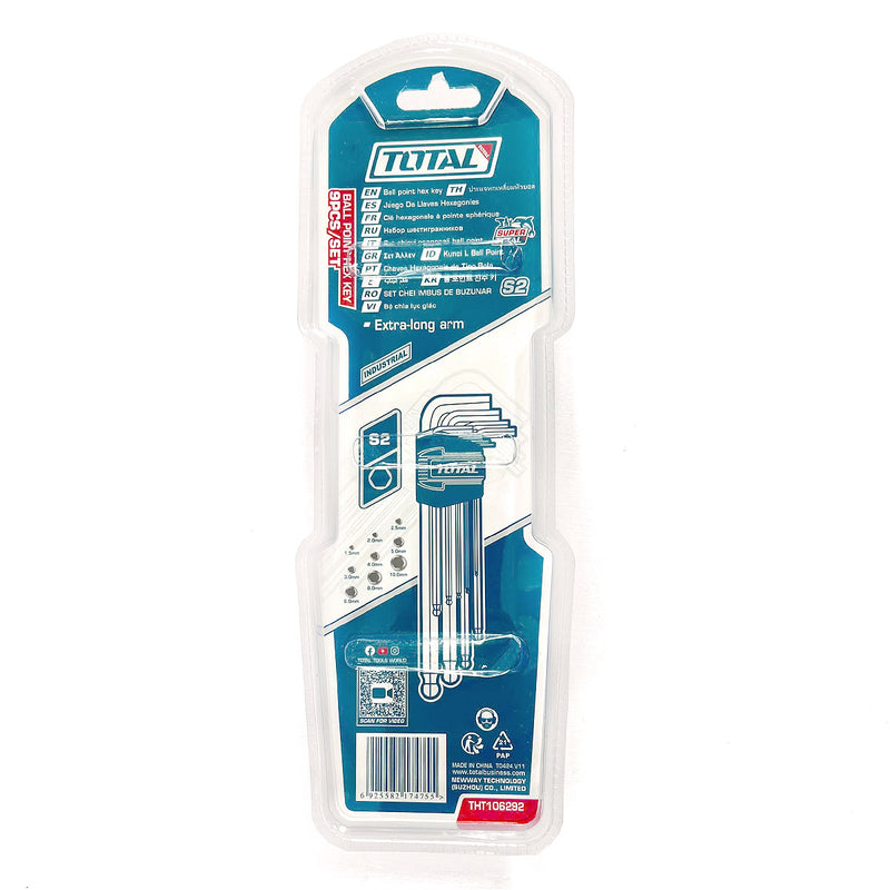 Bộ 9 chìa lục giác bi dài TOTAL THT106292, đường kính từ 1.5mm đến 10mm, chất liệu thép CrV
