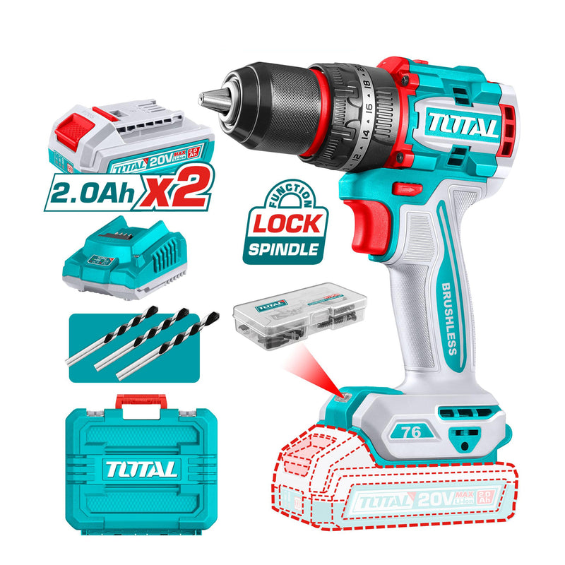 Máy khoan búa không chổi than dùng Pin 20V, đầu kẹp 13mm Total TIDLI20768