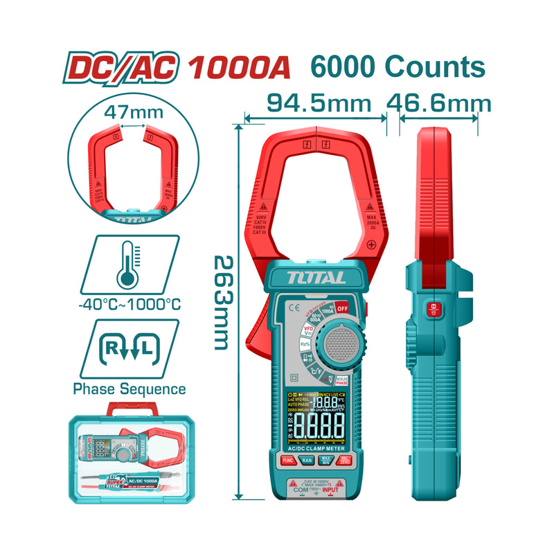 Ampe kìm đo dòng DC/AC kỹ thuật số Total TMT7610002 True RMS, dải đo 60A - 1000A, đo nhiệt độ từ -40°C - 1000°C, màn hình hiển thị màu VA
