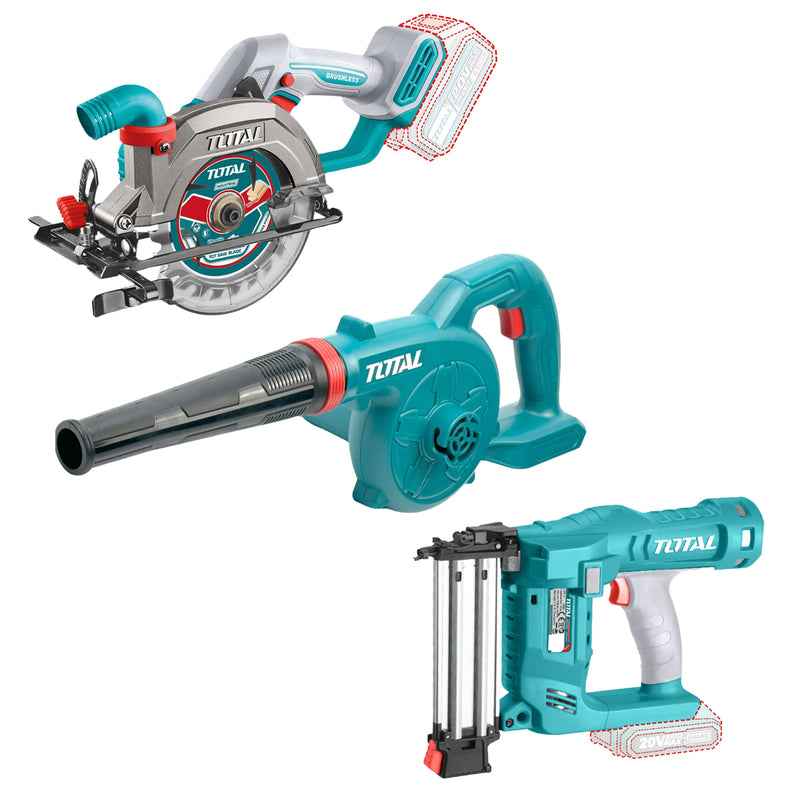 Bộ combo máy cưa đĩa 140mm và máy bắn đinh không chổi than, máy thổi bụi Total TOSLI240683 dùng Pin 20V