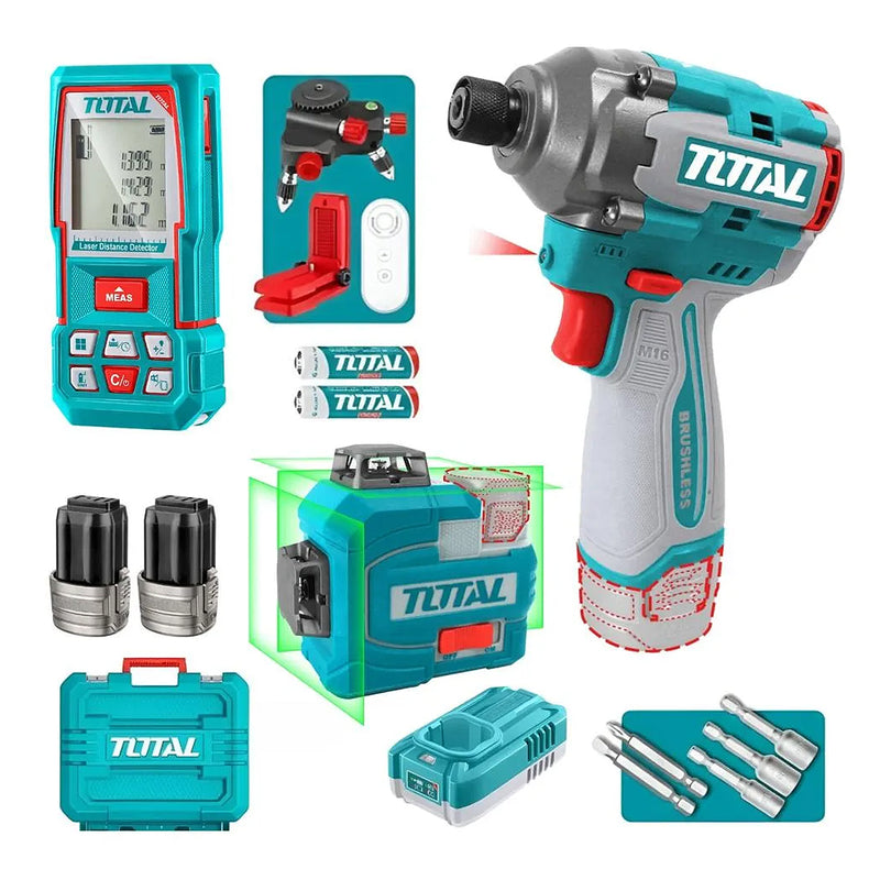 Bộ combo máy vặn vít, máy cân mực, máy đo khoảng cách Total TOSLI250886 dùng Pin 16V