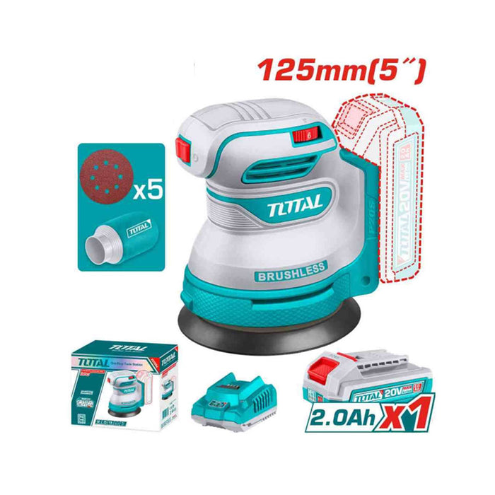 Máy chà nhám quỹ đạo tròn không chổi than dùng Pin 20V Total, đường kính đĩa 125mm (5 inch)