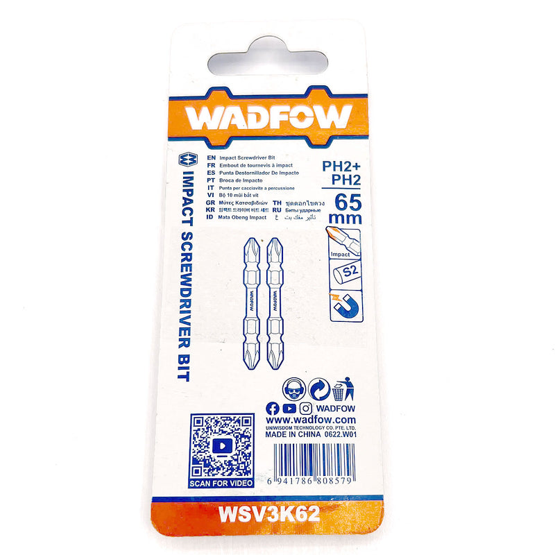 Vĩ 2 mũi vặn vít 2 đầu bake Wadfow WSV3K62 kích thước PH2, chiều dài 65mm, đuôi lục giác 6.35mm (1/4 inch)