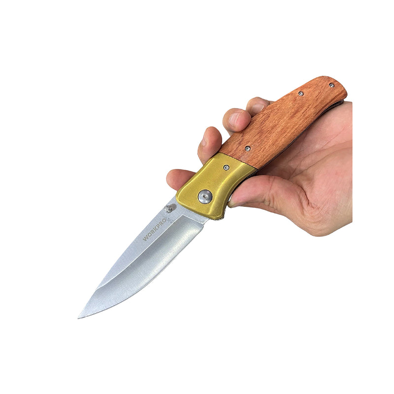 Dao gấp cao cấp kiểu quân đội Workpro, lưỡi dao bằng thép không ghỉ, cán gỗ bọc họp kim