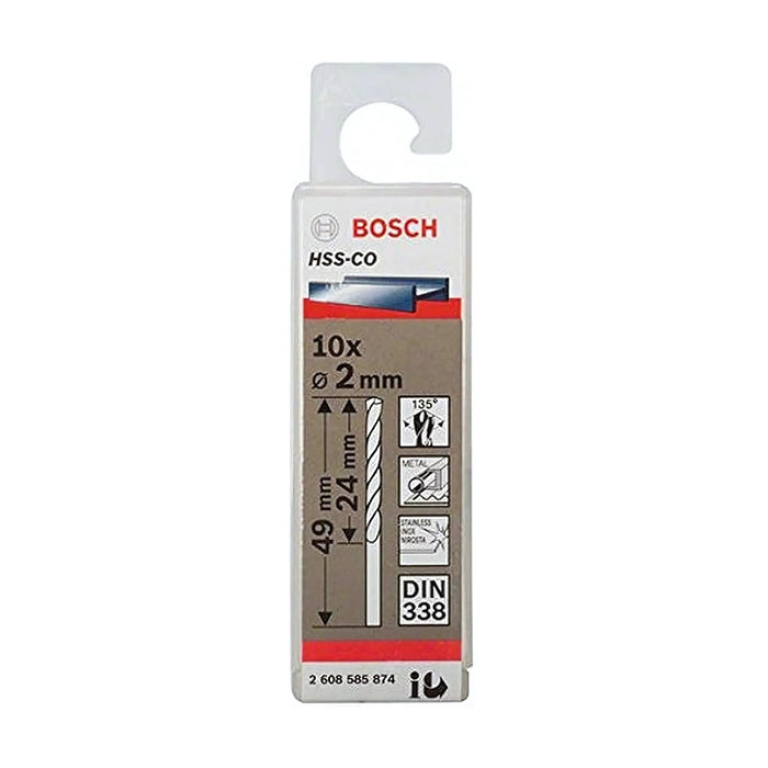 Hộp 10 mũi khoan inox HSS-Co Bosch 2608585874 đường kính 2mm, chiều dài 49mm, đuôi trơn (Tiêu chuẩn DIN 338)