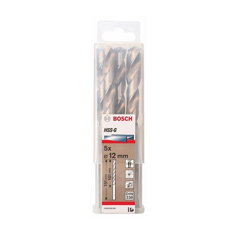 Hộp 5 mũi khoan sắt HSS-G Bosch đường kính mũi từ 8mm - 13mm, đuôi trơn (Tiêu chuẩn DIN 338)