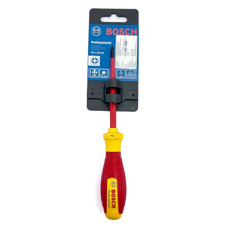 Tua vít Pozi PZ1 x 100mm cách điện 1000V chuẩn VDE Bosch 1600A02ND1 thiết kế công thái học , vật liệu thép S2