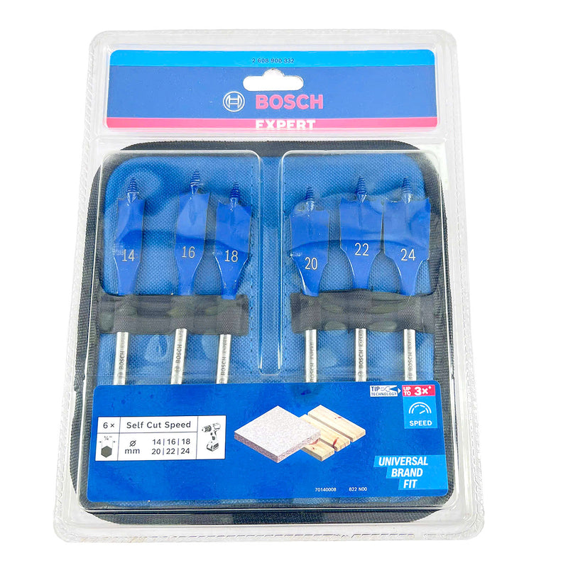 Bộ 6 mũi khoét gỗ đuôi cá Bosch 2608900332 đường kính từ 14mm - 24mm, dài 152mm, đuôi lục giác 6.35mm