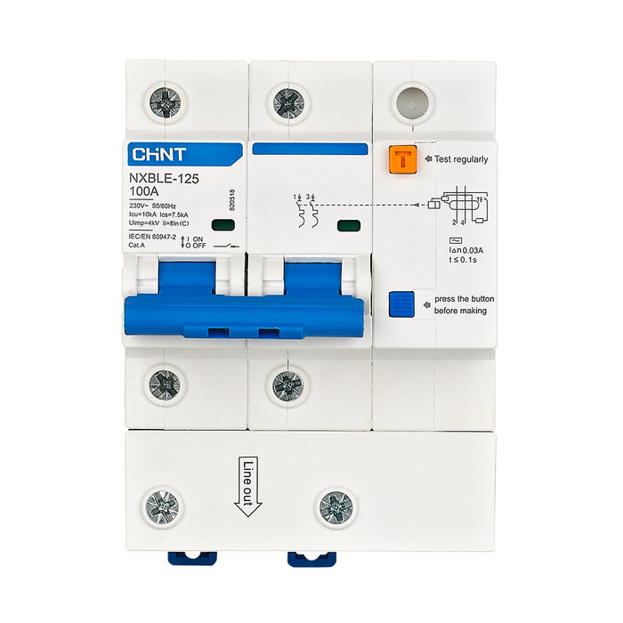 Cầu dao chống giật kết hợp với bảo vệ quá tải, ngắn mạch Chint NXBLE-125 series, tải định mức từ 63A ~ 125A, dòng cắt 10kA, dòng rò từ 30mA ~ 300mA 