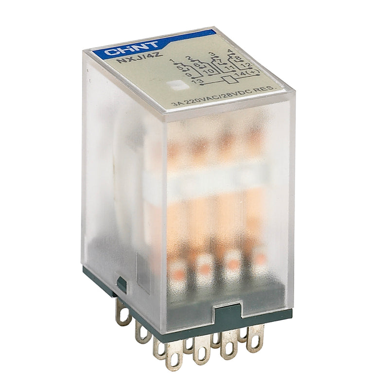 Rờ le kiếng chân dẹp Chint NXJ series. kiểu ghim vào chân đế. Có đèn báo tín hiệu. Tiêu chuẩn CE