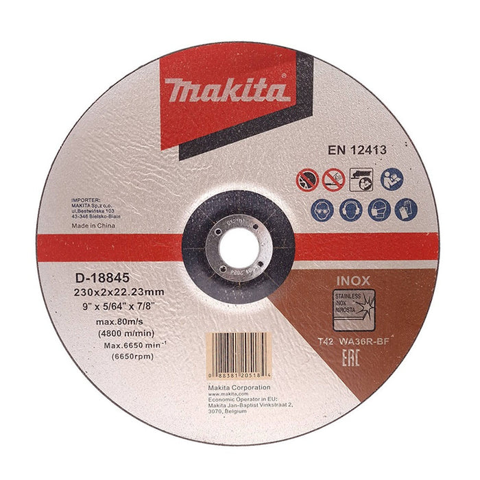 Đá cắt Inox mỏng 230mm ( 9 inch ) Makita D-18845 dày 2.0mm, lỗ cốt 22.23mm ( 7/8 inch ) tâm trũng ( Cấp 2 sao )