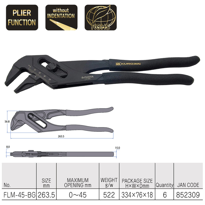 Kìm mỏ quạ điều chỉnh nhanh bằng nút nhấn Fujiya FLM-45-BG (Kurokin) kích thước 263mm, mở hàm tối đa 45mm