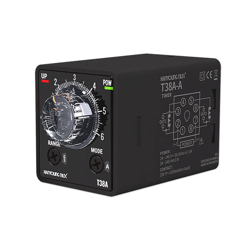 Bộ định thời gian Analog thân nhỏ Hanyoung Nux T38A Series. Socket 8 chân tròn, 38.4mm x 42.4mm. Tiêu chuẩn CE