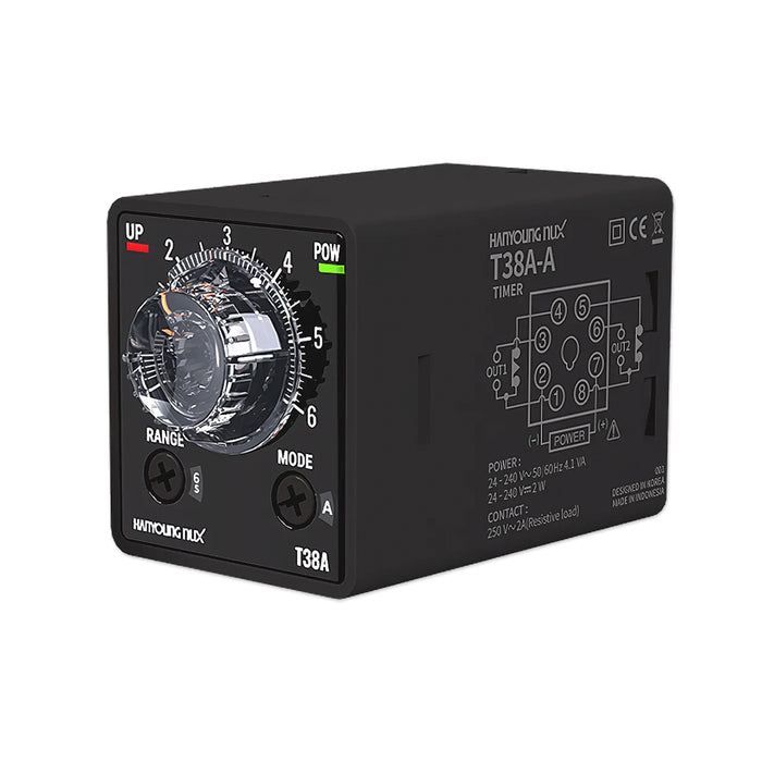 Bộ định thời gian Analog thân nhỏ Hanyoung Nux T38A Series. Socket 8 chân tròn, 38.4mm x 42.4mm. Tiêu chuẩn CE