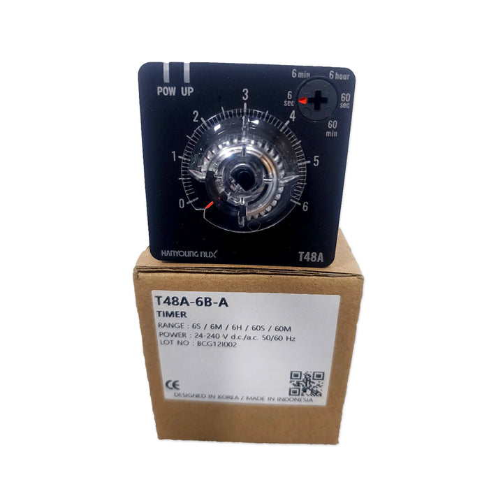 Bộ định thời gian Analog Hanyoung Nux T48A Series. Socket 8 chân tròn, 48mm x 48mm. Tiêu chuẩn CE