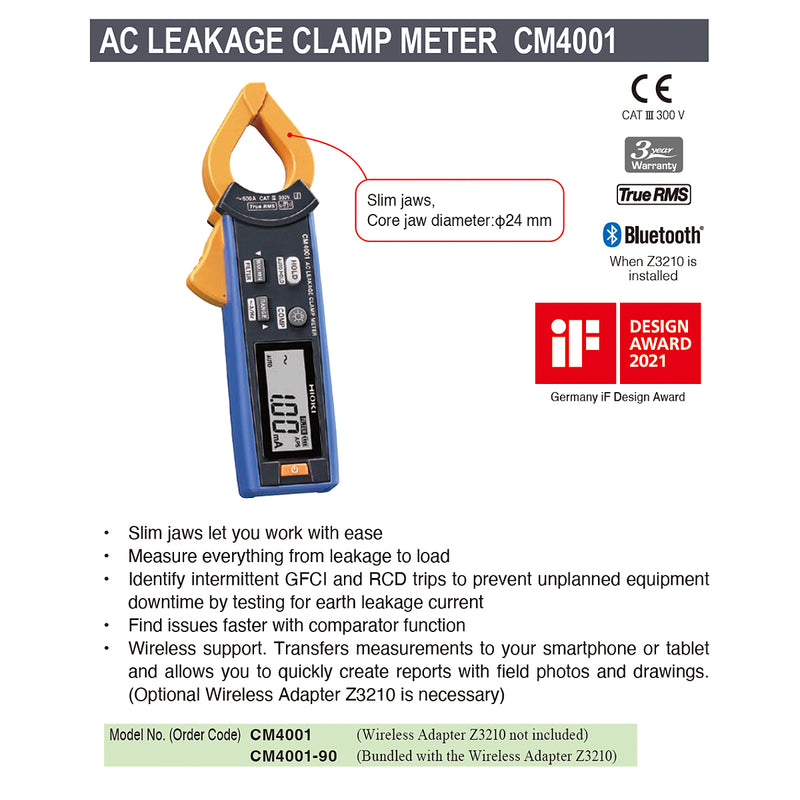 Ampe kìm đo dòng rò AC Hioki CM4001-90 True RMS, dãi đo từ 60mA - 600A, đi kèm module kết nối Bluetooth