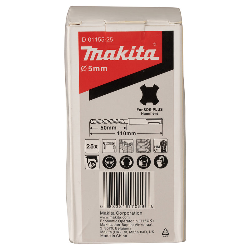 Hộp 25 mũi khoan bê tông Makita D-01155-25 đường kính mũi 5mm, dài 110mm, đuôi gài SDS-Plus