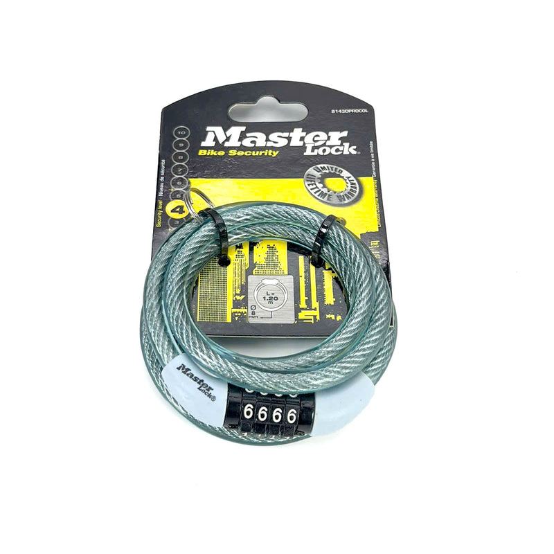 Ổ khóa dây 4 cọc số Master Lock 8143EURDPROCOL, dây khóa bằng cáp thép cuộn được bọc nhựa vinyl dài 1.2m
