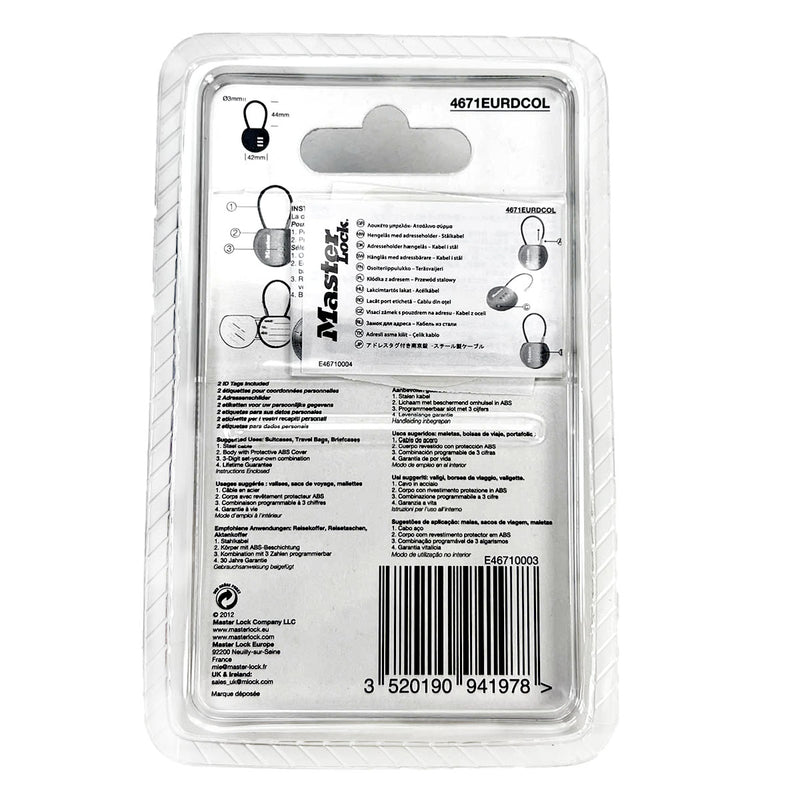 Ổ khóa số mini dây cáp Master Lock 4671DCOL, thân khóa bằng nhựa ABS 42mm, 3 cọc số
