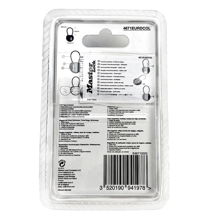 Ổ khóa số mini dây cáp Master Lock 4671DCOL, thân khóa bằng nhựa ABS 42mm, 3 cọc số