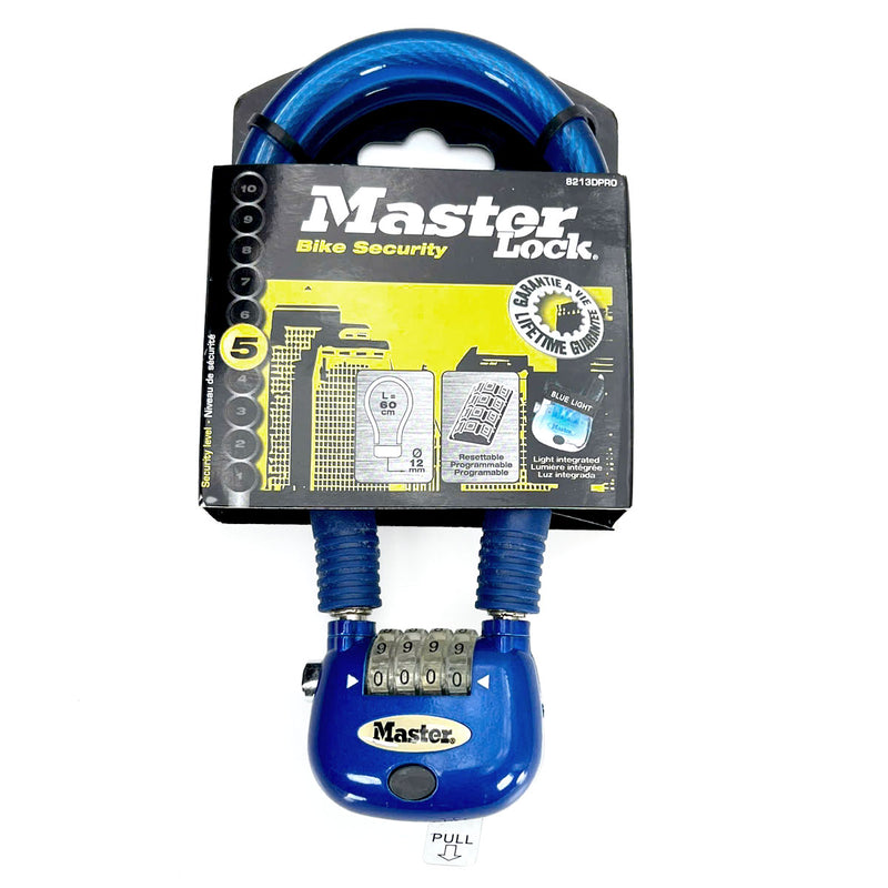 Ổ khóa dây 4 cọc số Master Lock 8213EURDPRO, dây khóa bằng sợi cáp thép cứng được bọc nhựa vinyl nhiều màu dài 60cm, có đèn sáng tại cọc số khi mở