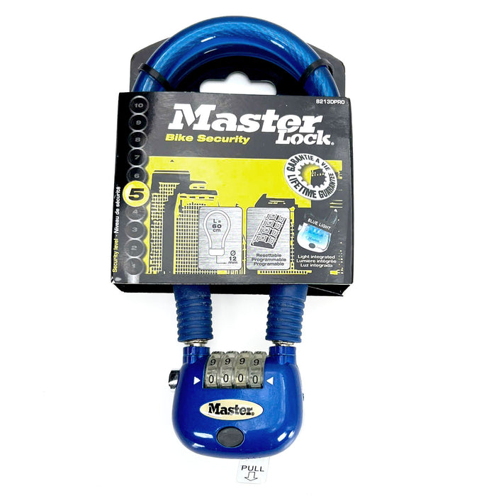 Ổ khóa dây 4 cọc số Master Lock 8213EURDPRO, dây khóa bằng sợi cáp thép cứng được bọc nhựa vinyl nhiều màu dài 60cm, có đèn sáng tại cọc số khi mở