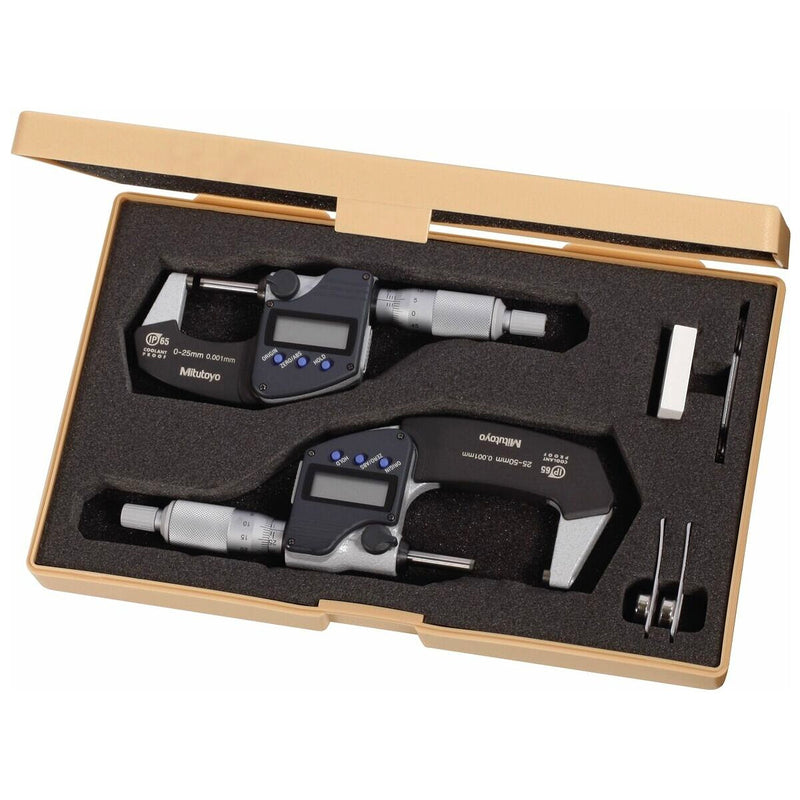 Bộ 2 thước Panme điện tử Mitutoyo hệ met - Mã số 293-966-30. Đáp ứng dãy đo từ 0-50mm. Có cổng SPC
