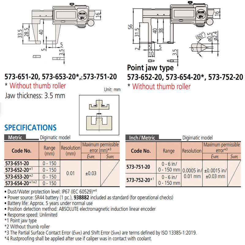 Thước kẹp điện tử Mitutoyo Series 573, ABSOLUTE Digimatic Neck Caliper, hàm kẹp cổ chai Point Jaw, mũi nhọn
