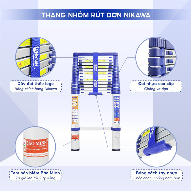 Thang nhôm rút đơn Nikawa NK, chiều cao tối đa từ 3.2m ~ 5.8m, số bậc thang từ 11 bậc ~ 15 bậc