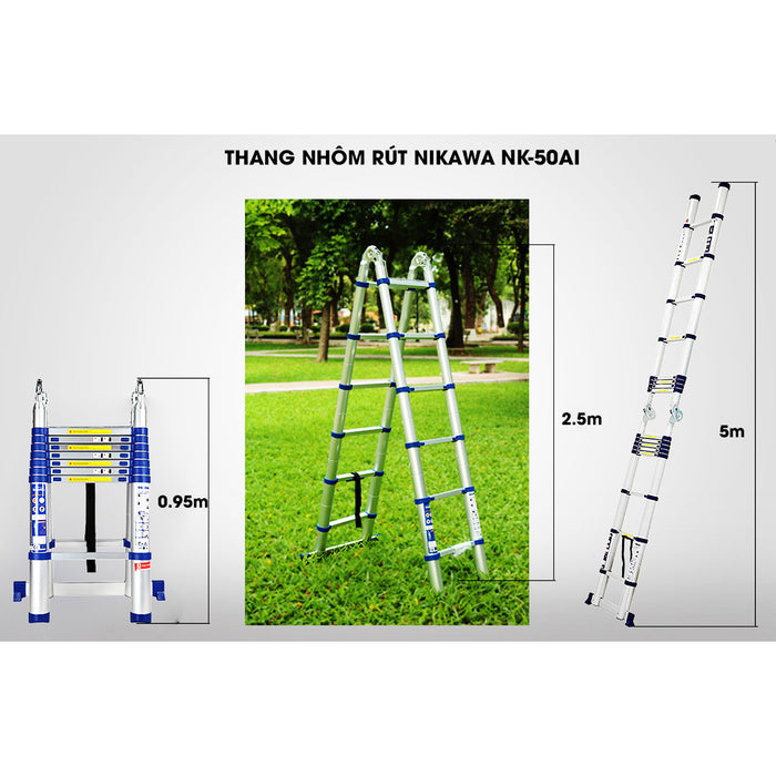 Thang nhôm rút đôi chữ A Nikawa NK AI, chiều cao tối đa chữ A từ 1.85m ~ 2.76m