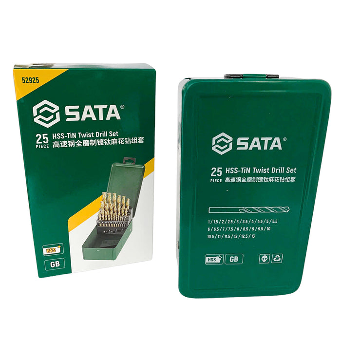 Bộ 25 mũi khoan HHS mạ Titan thân xoắn đuôi trơn SATA 52925 (từ 1mm - 13mm)