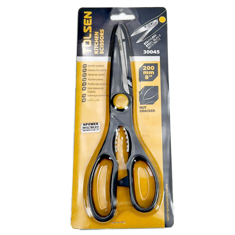 Kéo làm bếp, lưỡi thép không gỉ, tay cầm nhựa 200mm/8 inch TOLSEN 30045, có tích hợp phần kẹp răng cưa tiện lợi ở giữa tay cầm