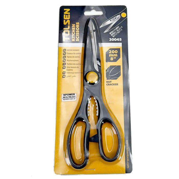 Kéo làm bếp, lưỡi thép không gỉ, tay cầm nhựa 200mm/8 inch TOLSEN 30045, có tích hợp phần kẹp răng cưa tiện lợi ở giữa tay cầm