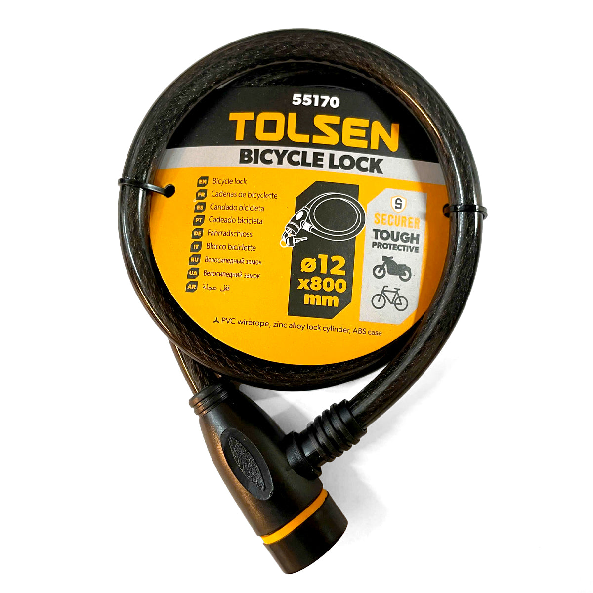 Ổ khóa dây Ø12x800mm TOLSEN 55170, dây PVC, xi lanh khóa hợp kim kẽm, vỏ nhựa ABS