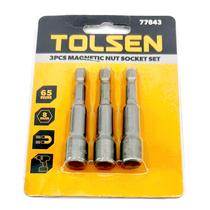 Bộ 3 đầu vít bắn tôn thép 40Cr từ tính mạnh, 8 - 14mm, đuôi lục giác 1/4 inch, dài 65mm TOLSEN