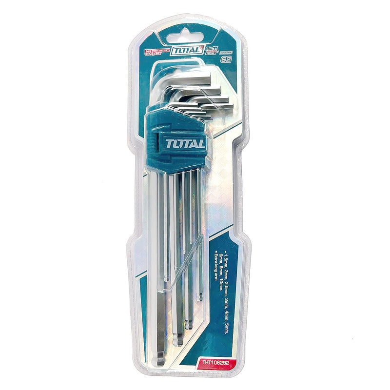 Bộ 9 chìa lục giác bi dài TOTAL THT106292, đường kính từ 1.5mm đến 10mm, chất liệu thép CrV