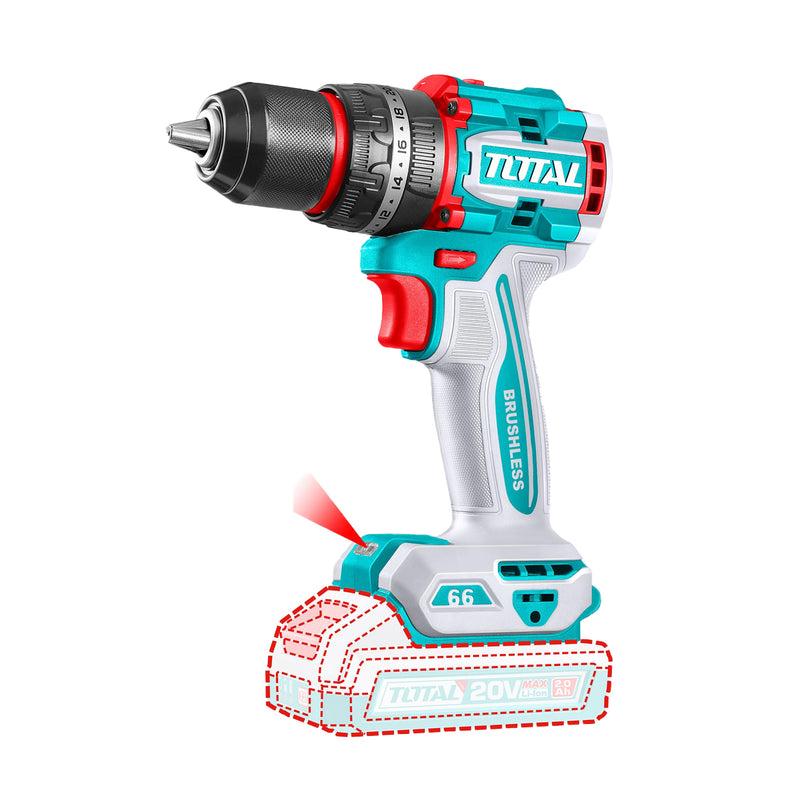 Máy khoan búa không chổi than dùng Pin 20V, đầu kẹp 13mm Total