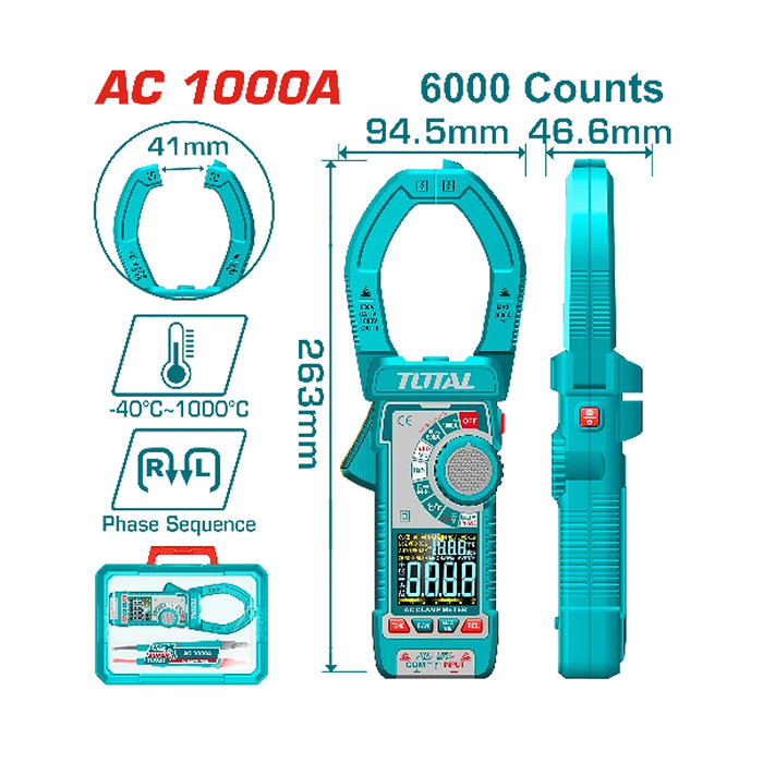 Ampe kìm đo dòng AC kỹ thuật số Total TMT7610001 True RMS, dải đo 60A - 1000A, đo nhiệt độ từ -40°C - 1000°C , màn hình hiển thị màu VA