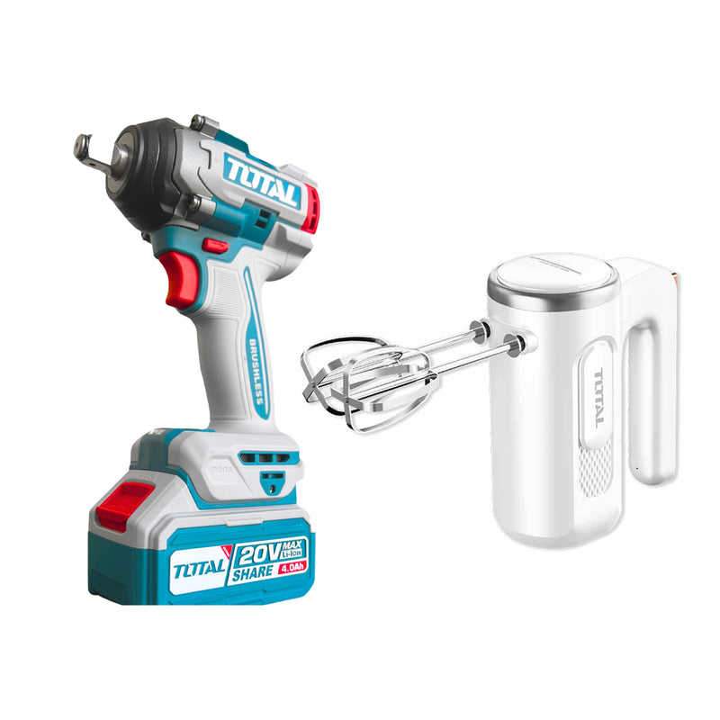 Bộ combo máy siết bu lông cốt 1/2 inch dùng Pin 20V không chổi than, kèm máy trộn cầm tay Total TOSLI240787