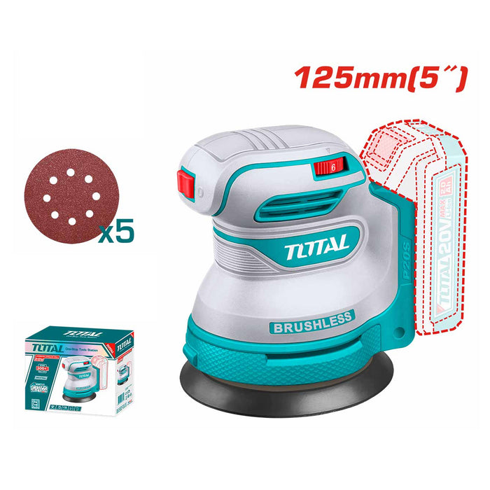 Máy chà nhám quỹ đạo tròn không chổi than dùng Pin 20V Total, đường kính đĩa 125mm (5 inch)