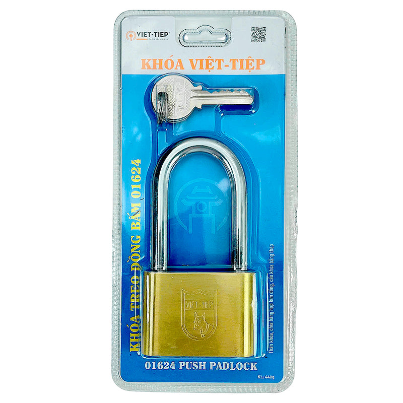 Ổ khóa treo đồng càng dài, kiểu bấm Việt Tiệp 01624